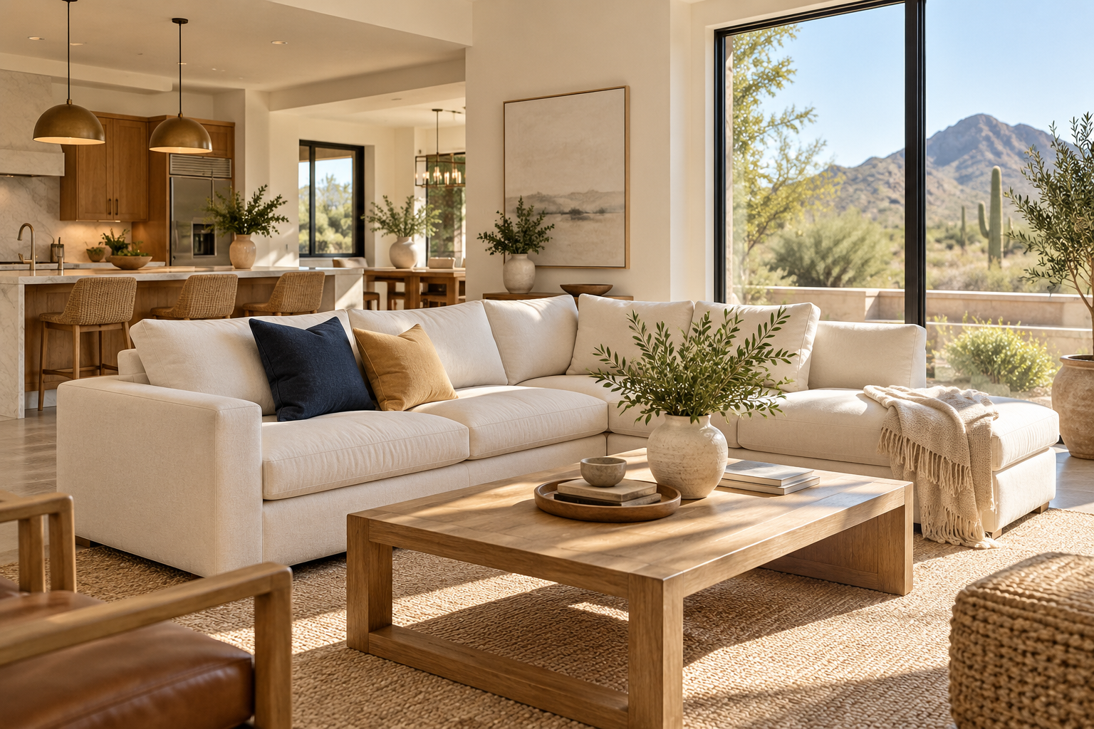 A bright, tidy living room with neutral furnishings